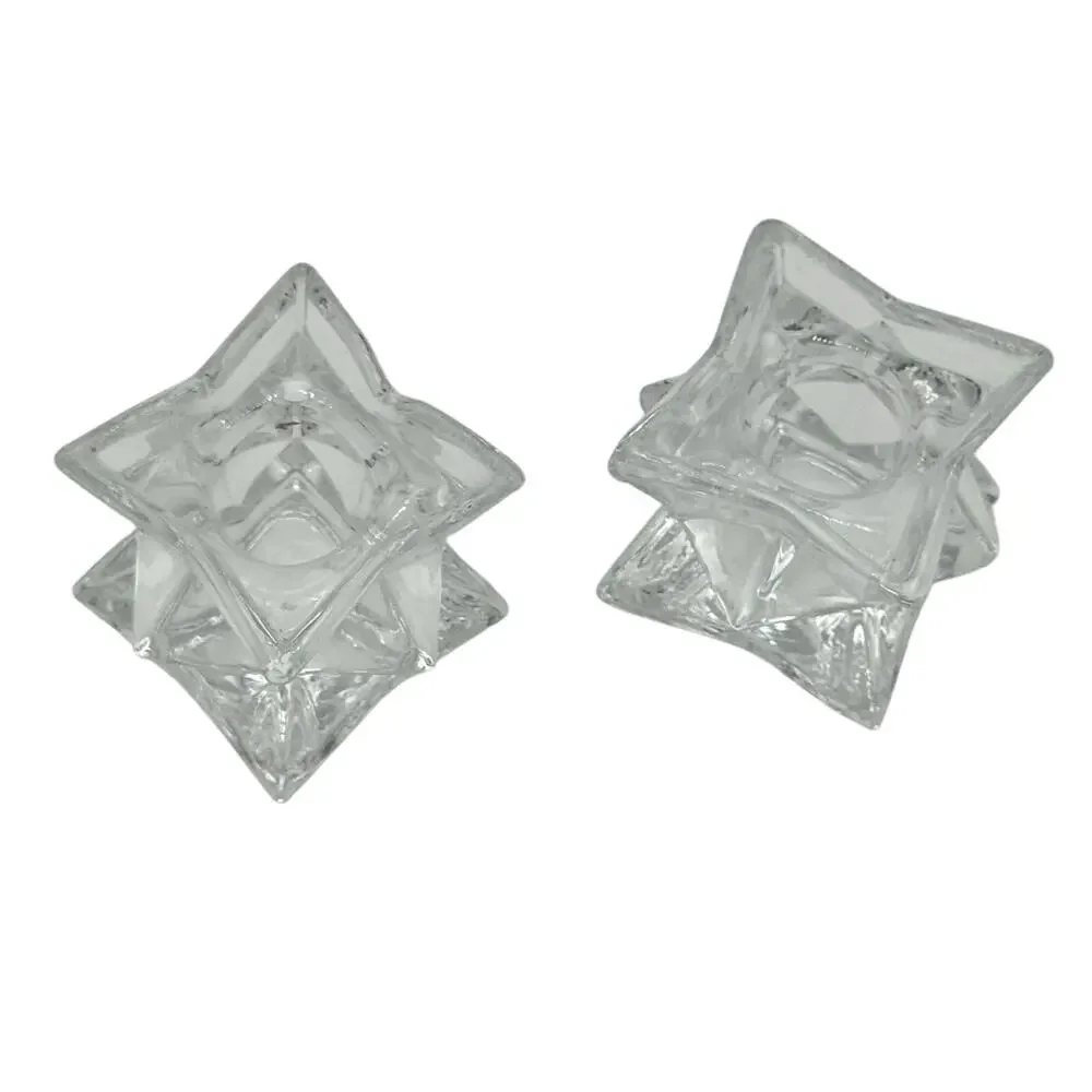 Vintage Clear Glass Star Taper Candle Holders Pair Pressed Faceted Geometric